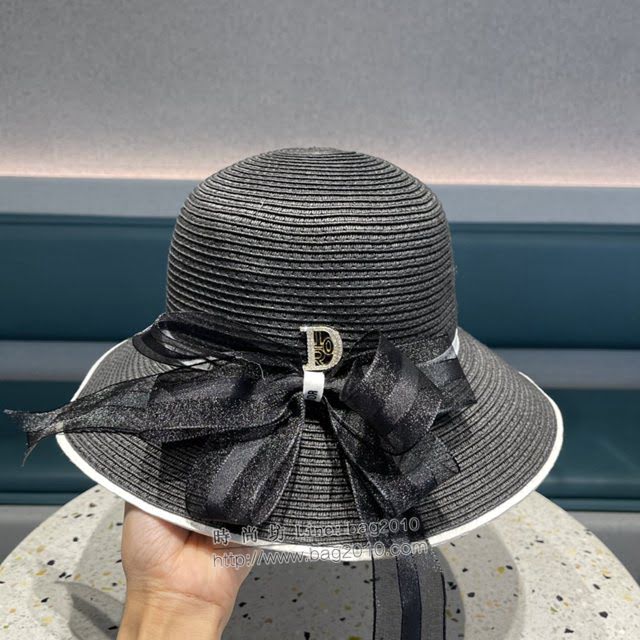 Dior新品女士帽子 迪奧蝴蝶結絲帶盆帽草帽遮陽帽  mm1548
